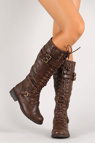 Triple Buckle Lace Up Knee High Boot