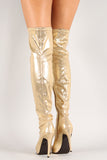 Metallic Leatherette Round Toe Thigh High Boot