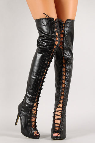 Leatherette Lace Up Thigh High Boot