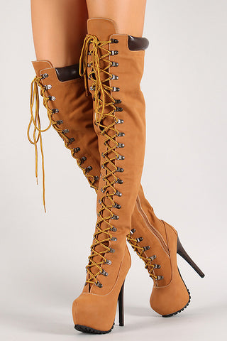 Leatherette Almond Toe Lace Up Thigh High Stiletto Platform Boot