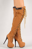 Leatherette Almond Toe Lace Up Thigh High Stiletto Platform Boot