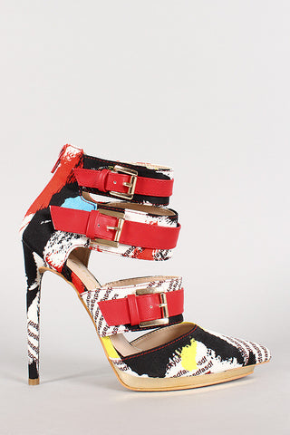 Liliana Abstract Pointy Toe Strappy Buckle Stiletto Pump