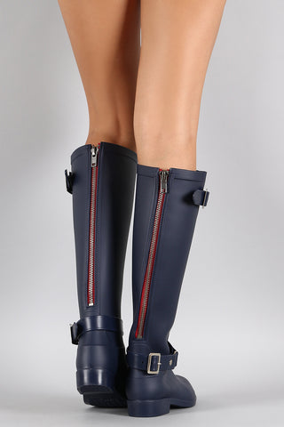 Buckle Contrast Zipper Knee High Rain Boot