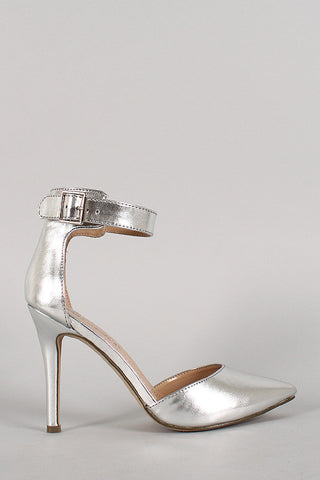 Breckelle Metallic Leatherette Ankle Strap Buckle Pointy Toe Pump