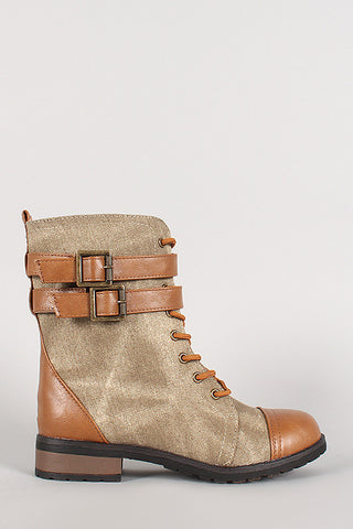 Bamboo Leatherette Two Tone Double Buckle Lace Up Combat Boot