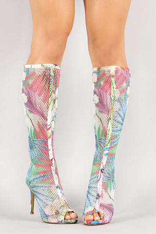 Tropical Floral Mesh Peep Toe Stiletto Boot