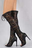 Strappy Woven Lace Up Peep Toe Stiletto Thigh High Boot