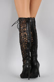 Strappy Woven Lace Up Peep Toe Stiletto Thigh High Boot