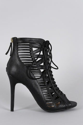 Anne Michelle Caged Lace Up Peep Toe Booties