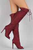 Qupid Floral Lace Stiletto Thigh High Lace Up Boot