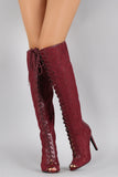 Qupid Floral Lace Stiletto Thigh High Lace Up Boot