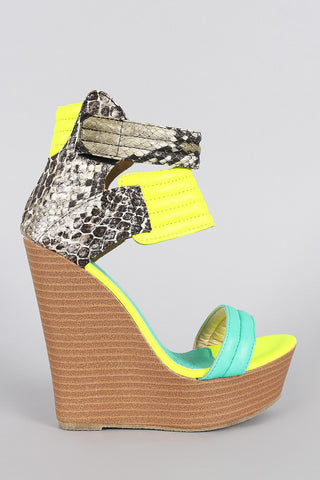 Neon Colorblock Snake Quilted Open Toe Platform Wedge