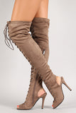 Breckelle Lace Up Back Cutout Stiletto Thigh High Boot
