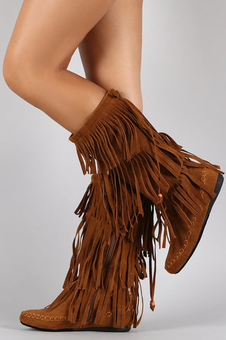 Suede Triple Layered Fringe Round Toe Mid Calf Boot