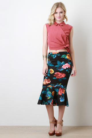 Floral Print Scuba Peplum Mermaid Midi Skirt