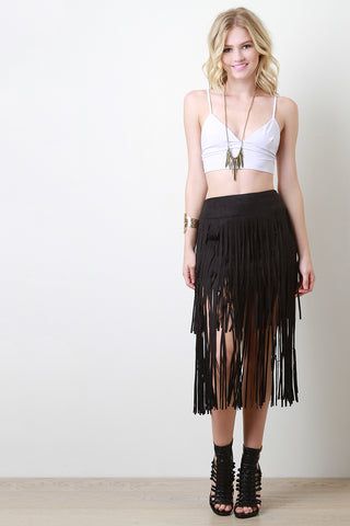 Suede Double Layer Fringe Midi Skirt