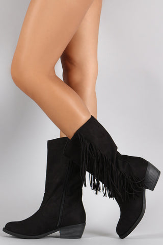 Soda Suede Fringe Round Toe Cowgirl Mid Calf Boot