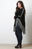 Abstract Print Fringe Trim Long Sleeves Poncho