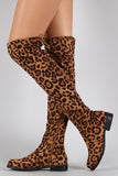 Bamboo Leopard Faux Suede Tied Flat Thigh High Boot