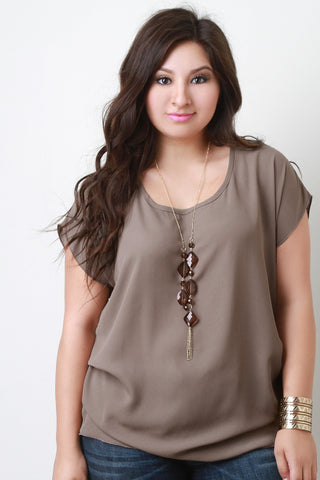 Chiffon Short Sleeved Top with Gemstone Statement Necklace