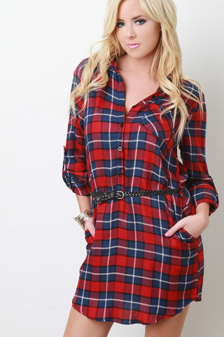 Belted Plaid Button-Up Dress