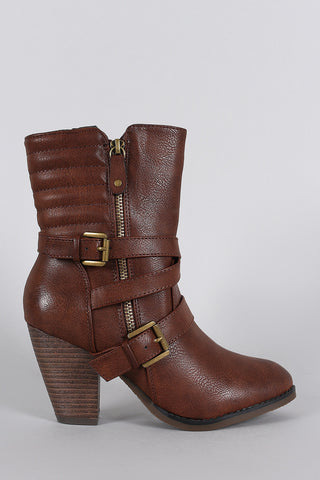 Zipper Strappy Buckle Quilted Chunky Heeled Mid Calf Boots