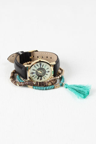 Feather Radial Watch And Bracelets Set