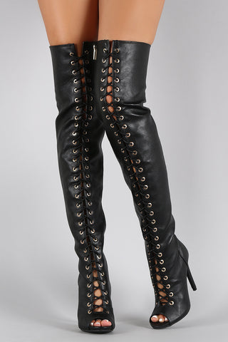 Vegan Leather Lace Up Peep Toe Stiletto Thigh High Boots