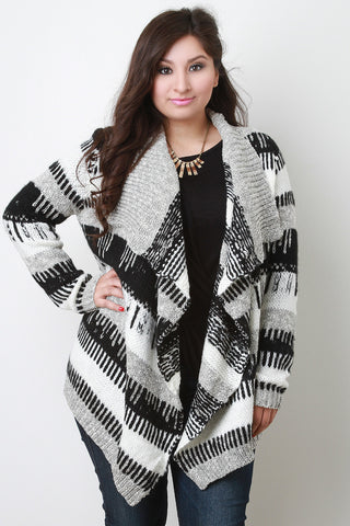 Tribal Stripe Mixed Knit Open Front Sweater
