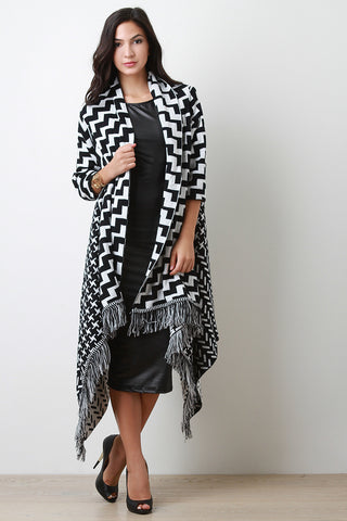 Mixed Pattern Fringe Open Front Poncho