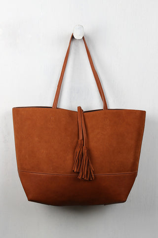 Reversible Suede And Leather Tassel Tote Bag