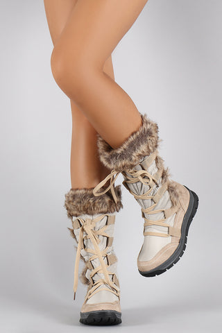 Liliana Faux Fur Cuff Suede Lace Up Mid Calf Snow Boots