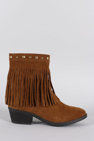 Suede Studded Fringe Cowgirl Ankle Boots