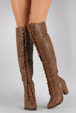 Almond Toe Lace Up Stacked Heeled Over-The-Knee Boots