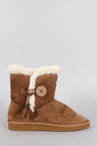 Suede Faux Fur Toggle Button Flat Ankle Boots