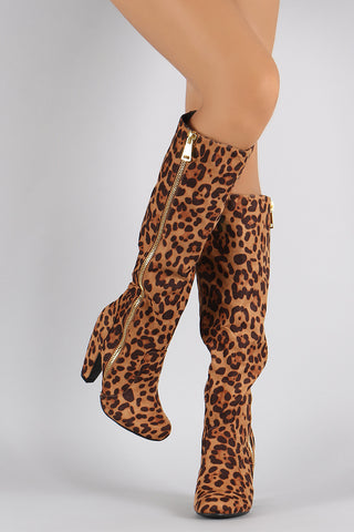 Bamboo Leopard Side Zipper Heeled Knee High Boots
