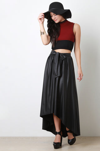 Vegan Leather Pleated High-Low Bow Skirt