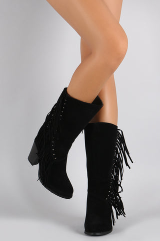 Liliana Suede Studded Fringes Cowgirl Chunky Heeled Mid Calf Boots