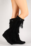 Fringe Studded Moccasin Knee High Wedge Boot