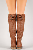 Distressed Buckle Round Toe Riding Knee High Boot