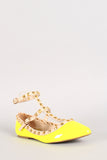 Neon Patent Pyramid Studded T-Strap Flat