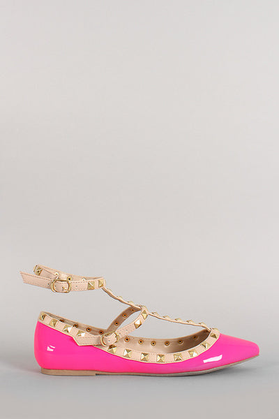 Neon Patent Pyramid Studded T-Strap Flat