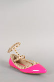 Neon Patent Pyramid Studded T-Strap Flat