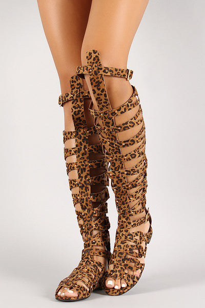 Leopard Strappy Studded Knee High Gladiator Flat Sandal