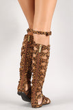 Leopard Strappy Studded Knee High Gladiator Flat Sandal