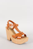 Leatherette T-Strap Buckle Faux Wood Heel