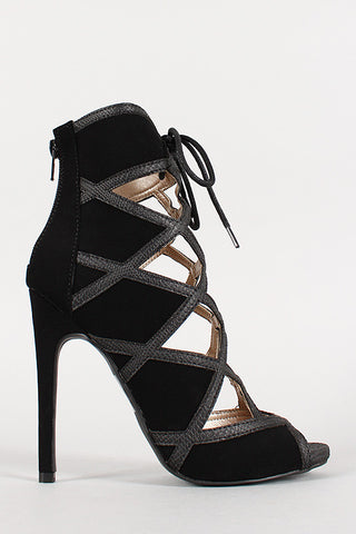 Qupid Nubuck Caged Lace Up Open Toe Stiletto Bootie