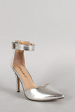 Breckelle Metallic Leatherette Ankle Strap Buckle Pointy Toe Pump