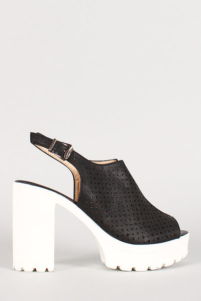 Perforated Leatherette Stars And Circles Slingback Lug Sole Heel