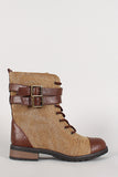 Bamboo Leatherette Two Tone Double Buckle Lace Up Combat Boot